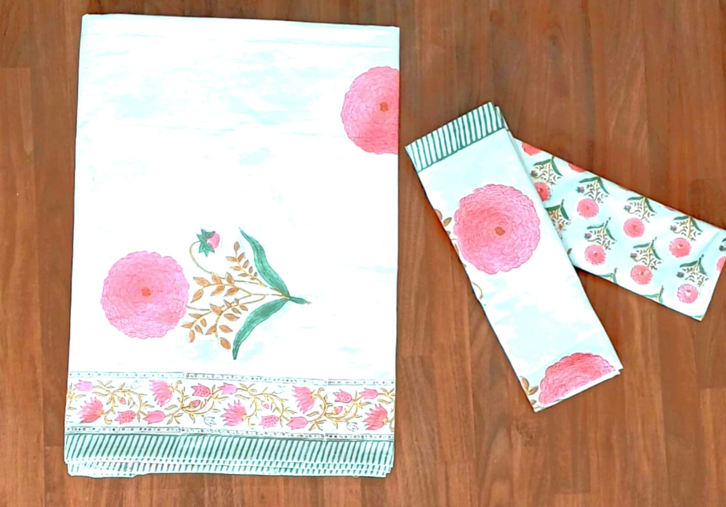Pink Marie Block Printed Bedsheet with Two Reversible Pillow Covers