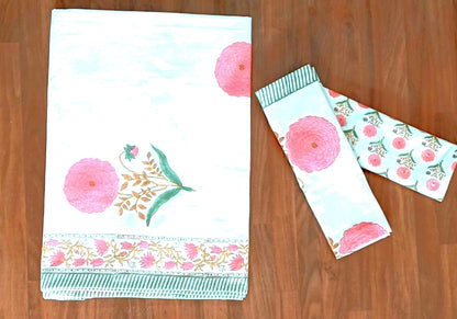 Pink Marie Block Printed Bedsheet with Two Reversible Pillow Covers