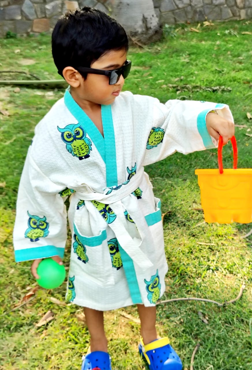 Owl Block Printed Kids Bathrobe