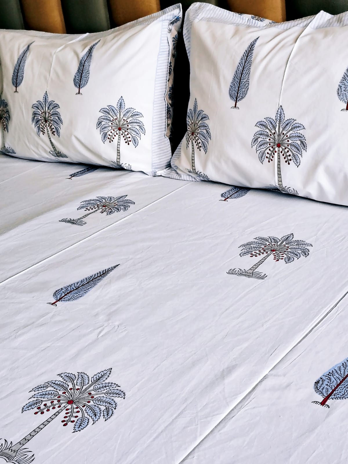 Blue Palm Tree Block Printed Bedsheet with Two Reversible Pillow Covers - Bichhavans