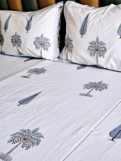 Blue Palm Tree Block Printed Bedsheet with Two Reversible Pillow Covers - Bichhavans
