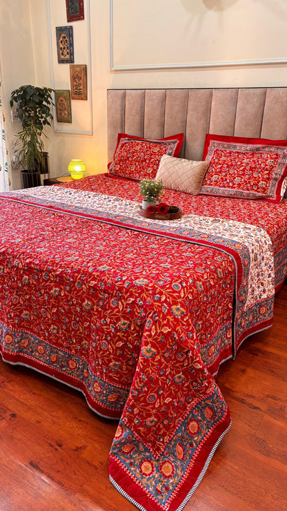 Begum Red Floral Block Printed Bedsheet with Two Reversible Pillow Covers