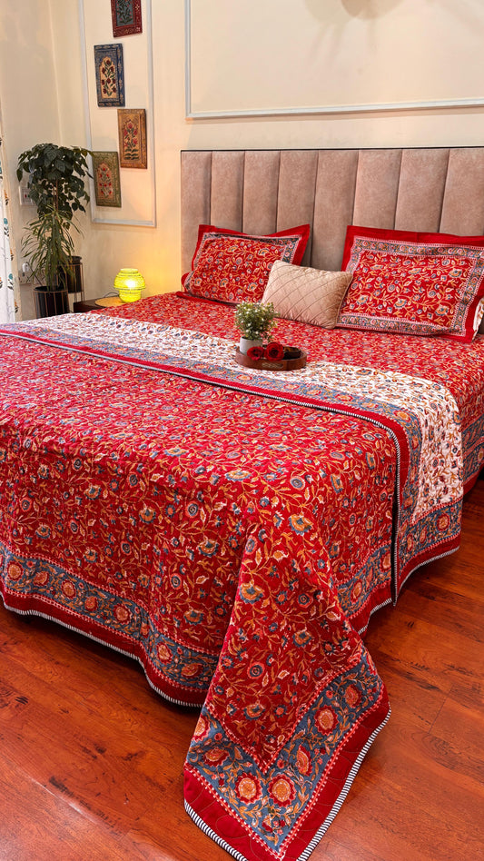 Begum Red Floral Block Printed Bedsheet with Two Reversible Pillow Covers