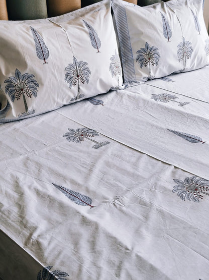 Blue Palm Tree Block Printed Bedsheet with Two Reversible Pillow Covers - Bichhavans