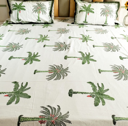 Green Palm Tree Block Printed Bedsheet with Two Reversible Pillow Covers
