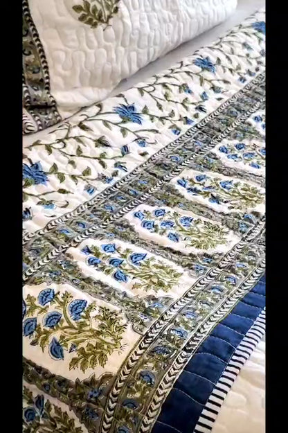 Blue Rose Block Print Bedsheet and Bedcover - 6 Piece Combo