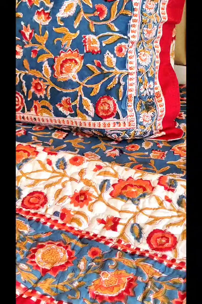 Begum Blue Floral Block Print Bedsheet and Bedcover - 4 Piece Combo