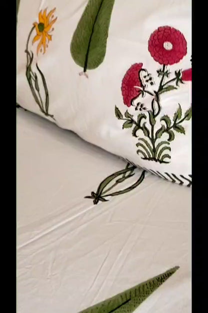 Begum White Forest Block Bedsheet with Two Reversible Pillow Covers
