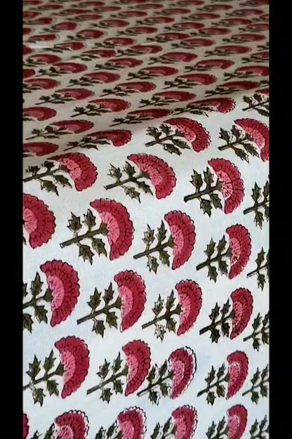 Red Floral Jaal Block Printed Bedsheet with Two Reversible Pillow Covers