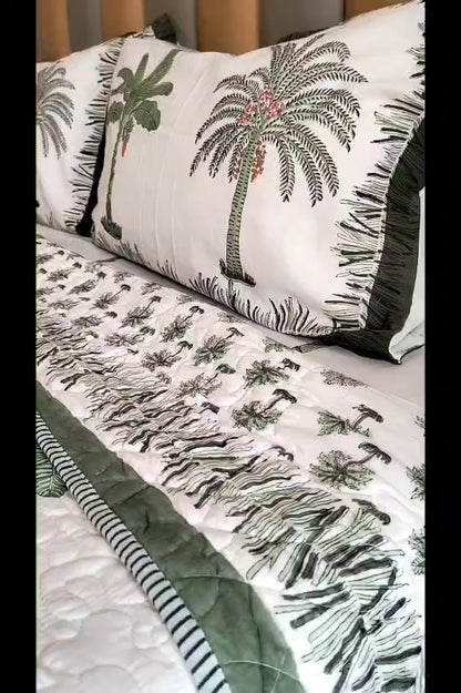 Green Palm Tree Block Print Bedsheet and Bedcover - 4 Piece Combo