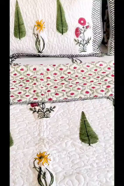 White Forest Block Print Bedsheet and Bedcover Combo - 6 Piece Combo