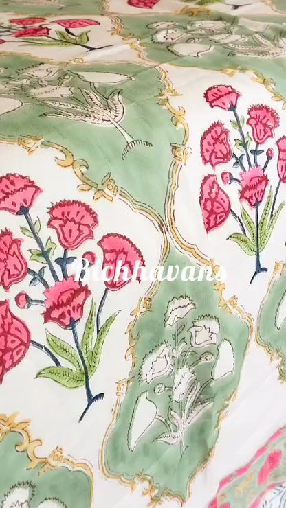 Guldasta Block Printed Bedsheet with Two Reversible Pillow Covers