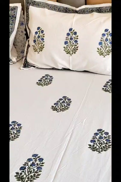 Blue Floral Bunch Block Printed Bedsheet with Two Reversible Pillow Covers