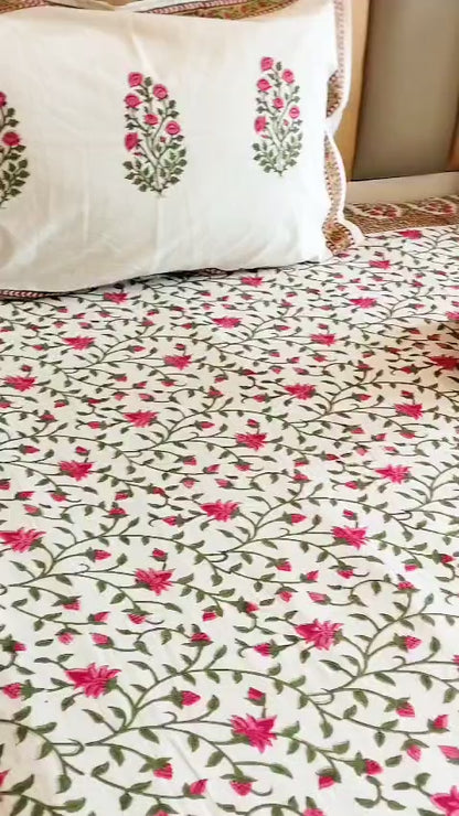 Pink Floral Jaal Block Printed Bedsheet with Two Reversible Pillow Covers