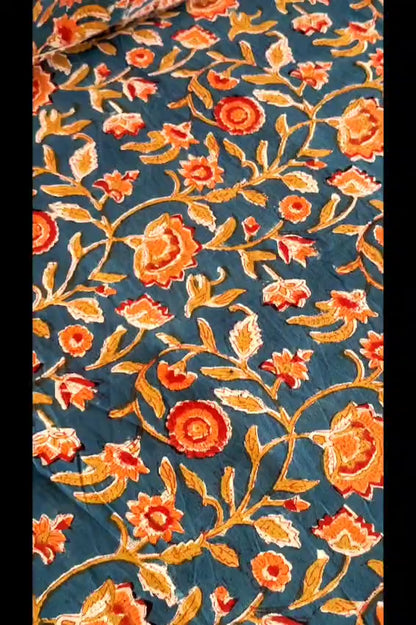 Begum Blue Floral Hand Block Bedsheet with Two Reversible Pillow Covers