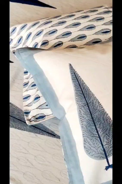Begum Blue Pine Block Printed Bedsheet with Two Reversible Pillow Covers