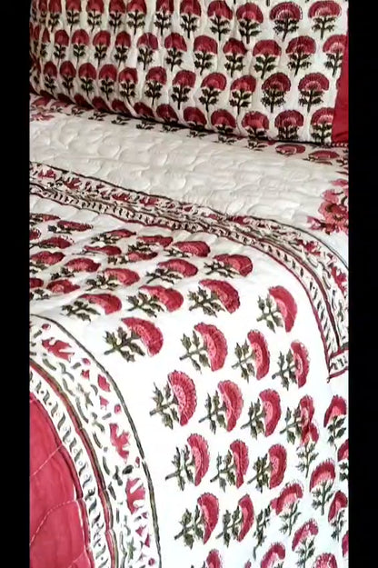 Red Floral Jaal Bedsheet and Bedcover Combo - 6 Piece Combo