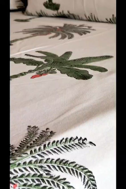 Green Palm Tree Block Printed Bedsheet with Two Reversible Pillow Covers