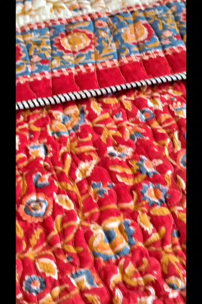 Begum Red Floral Hand Blocked Bedsheet and Bedcover Combo - 6 Piece Combo