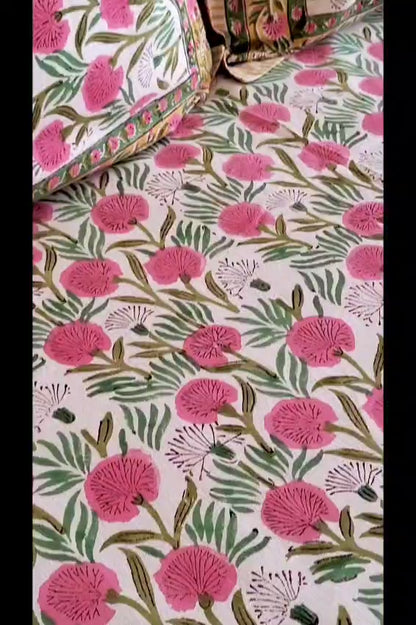 Pink Blossom Block Printed Bedsheet with Two Reversible Pillow Covers